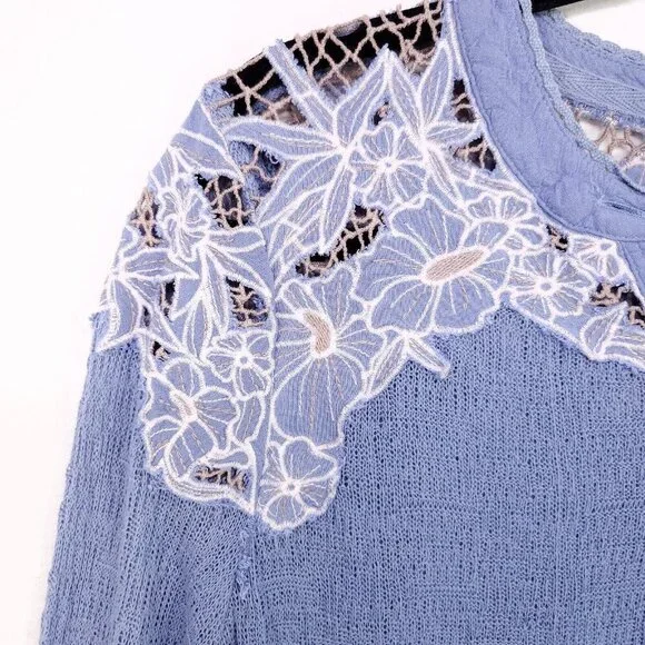 Free People Top Easy Breezy Lace Large Floral Applique Henley Long Sleeve Knit - Picture 7 of 14